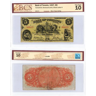 SOLD $5 1937 Bank of Toronto Canada Chartered Note #715-24-04 - BCS VG-10