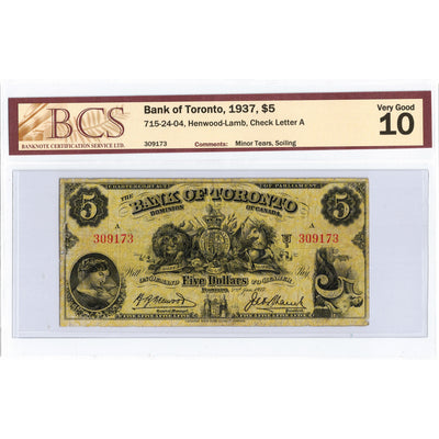 SOLD $5 1937 Bank of Toronto Canada Chartered Note #715-24-04 - BCS VG-10