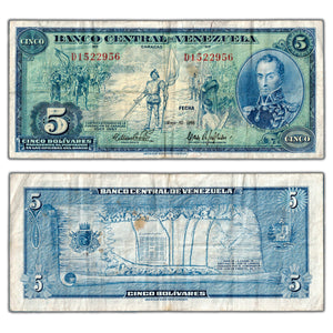 SOLD Venezuela 1966 5 Five Bolivares Note P #49 - Minor Stain