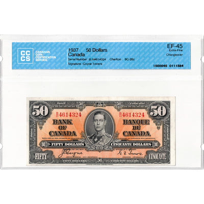 $50 1937 Bank of Canada Note Coyne-Towers B/H Prefix BC-26c - CCCS EF-45