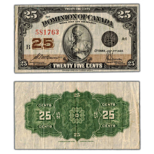 SOLD 25 Cents 1923 Dominion of Canada Note Shinplaster DC-24c - F/VF