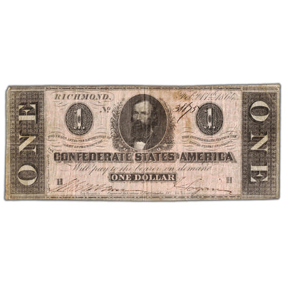 SOLD United States 1864 Confederate States of America $1 One Dollar Note T-71 - Circulated