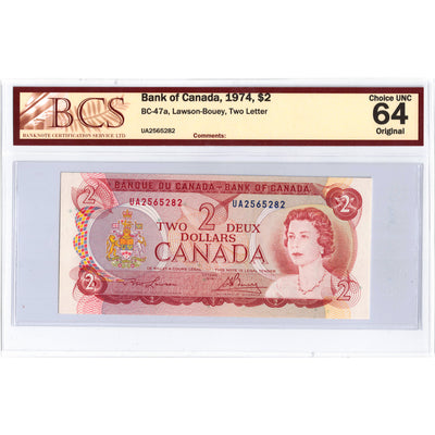 SOLD $2 1974 Bank of Canada Note Lawson-Bouey UA Prefix BC-47a - BCS Ch UNC-64