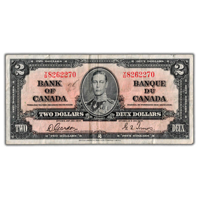 $2 1937 Bank of Canada Note Gordon-Towers Y/B Prefix BC-22b - Writing