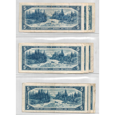 SOLD Lof of 9 $5 1954 Bank of Canada Notes - All Circulated Grades