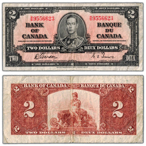 SOLD $2 1937 Bank of Canada Note Gordon-Towers W/B Prefix BC-22b - F/VF (pinholes)