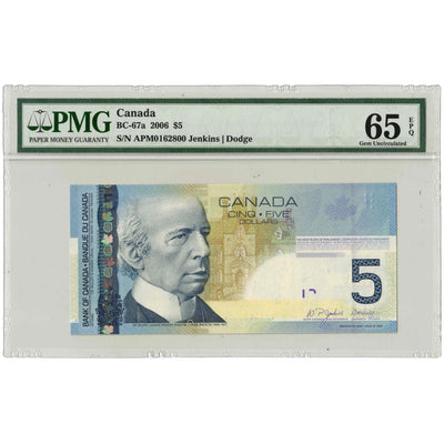 $5 2006 Bank of Canada Note Jenkins-Dodge APM Prefix BC-67a - PMG UNC-65 EPQ