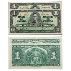 SOLD $1 1937 Bank of Canada Notes O/L Prefix BC-21c - 2 Consecutive - AU