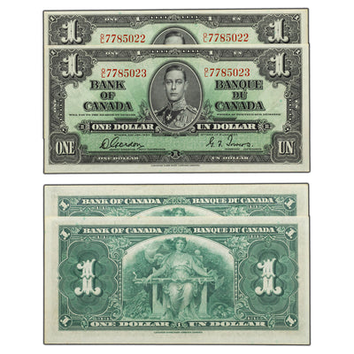 SOLD $1 1937 Bank of Canada Notes O/L Prefix BC-21c - 2 Consecutive - AU
