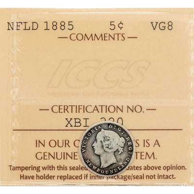 SOLD Newfoundland 1885 5 Cents Silver Coin - ICCS VG-8