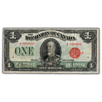 SOLD $1 1923 Dominion of Canada Note ROTATOR Serial Red Seal DC-25g - Minor Edge Tear