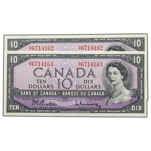 SOLD $10 1954 Bank of Canada Notes G/T Prefix BC-40b - 2 Consecutive - AU+
