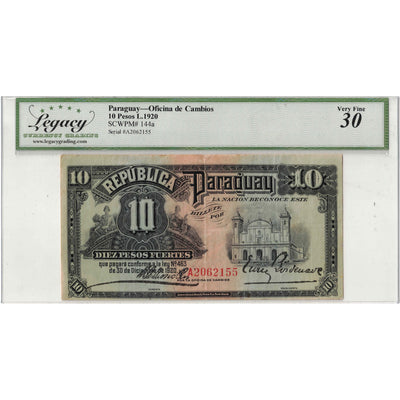 Paraguay 1920 10 Ten Pesos Note P #144a - Legacy VF-30