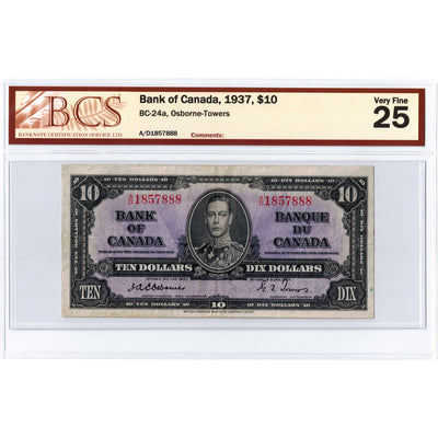 SOLD $10 1937 Bank of Canada Note Osborne Signature A/D Prefix BC-24a - BCS VF-25