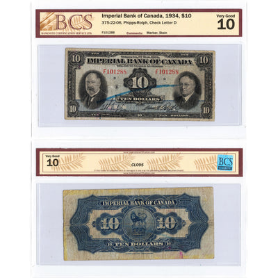 $10 1934 Imperial Bank of Canada Chartered Note #375-22-06 - BCS VG-10