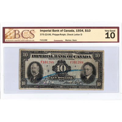 $10 1934 Imperial Bank of Canada Chartered Note #375-22-06 - BCS VG-10