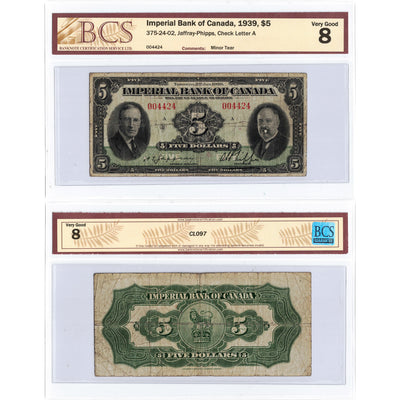 SOLD $5 1939 Imperial Bank of Canada Chartered Note #375-24092 - BCS VG-8