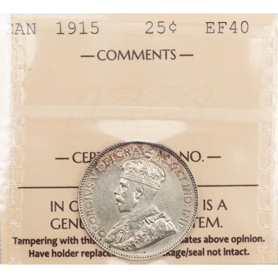 SOLD Canada 1915 25 Cents Quarter Silver Coin - ICCS EF-40
