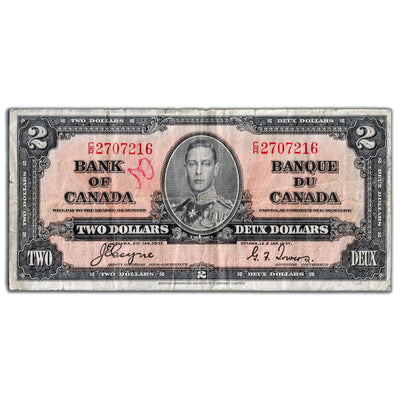 $2 1937 Bank of Canada Note Coyne-Towers C/R Prefix BC-22c - Writing
