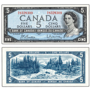 SOLD $5 1954 Bank of Canada Note Beattie-Rasminsky A/X Prefix BC-39b - AU+