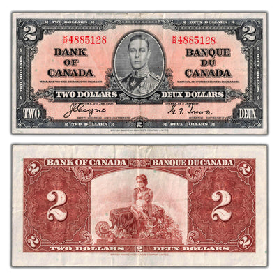 $2 1937 Bank of Canada Note Coyne-Towers K/R Prefix BC-22c - VF