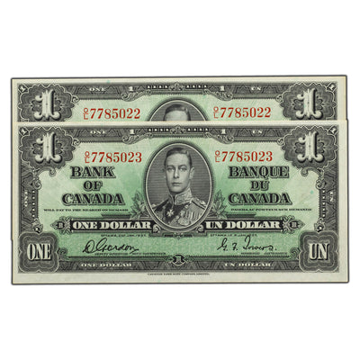 SOLD $1 1937 Bank of Canada Notes O/L Prefix BC-21c - 2 Consecutive - AU