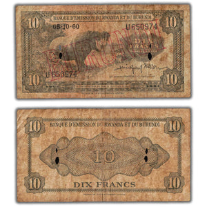 SOLD Burundi 1960 (c.1964) 10 Ten Francs Note P #2 - Holes