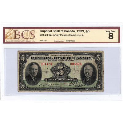 SOLD $5 1939 Imperial Bank of Canada Chartered Note #375-24092 - BCS VG-8