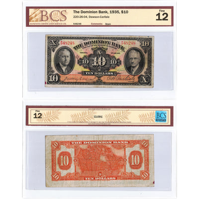 SOLD $10 1935 The Dominion Bank Canada Chartered Note #220-26-04 - BCS F-12
