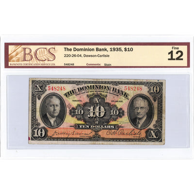 SOLD $10 1935 The Dominion Bank Canada Chartered Note #220-26-04 - BCS F-12