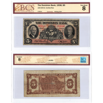 $5 1938 The Dominion Bank Canada Chartered Note #220-28-02 - BCS VG-8