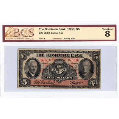 $5 1938 The Dominion Bank Canada Chartered Note #220-28-02 - BCS VG-8