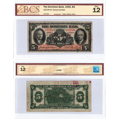 SOLD $5 1935 The Dominion Bank Canada Chartered Note #220-26-02 - BCS F-12