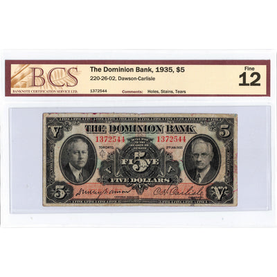 SOLD $5 1935 The Dominion Bank Canada Chartered Note #220-26-02 - BCS F-12