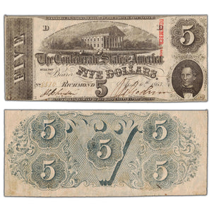 SOLD United States 1863 Confederate States of America $5 Five Dollars Note - Overprint