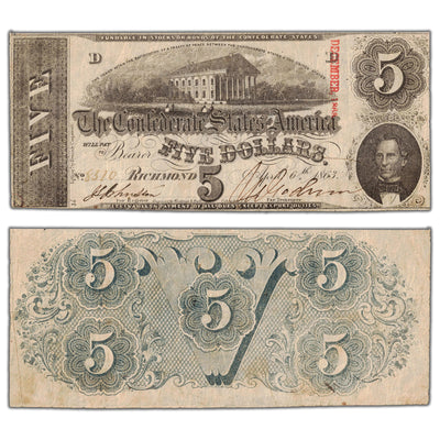 United States 1863 Confederate States of America $5 Five Dollars Note - Overprint