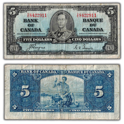 $5 1937 Bank of Canada Note Coyne-Towers Y/C Prefix BC-23c - Fine (tear)