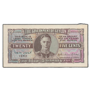 SOLD Ceylon 1942 20 Cents Note P #44a - AU+ (mounted)