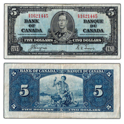 $5 1937 Bank of Canada Note Coyne-Towers E/S Prefix BC-23c - VF+