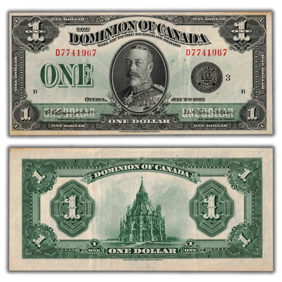 SOLD $1 1923 Dominion of Canada Note Black Seal Series D DC-25n - Abt. EF (light staining)