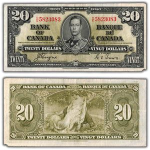 SOLD $20 1937 Bank of Canada Note Coyne-Towers H/E Prefix BC-25c - Missing Corner Tip