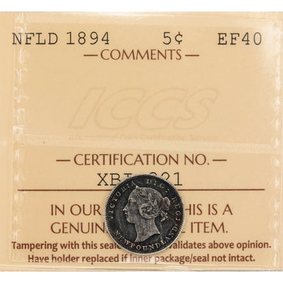 Newfoundland 1894 5 Cents Silver Coin - ICCS EF-40