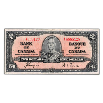 $2 1937 Bank of Canada Note Coyne-Towers K/R Prefix BC-22c - VF