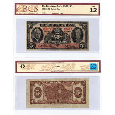 SOLD $5 1938 The Dominion Bank Canada Chartered Note #220-28-02 - BCS F-12