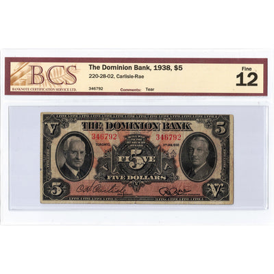 SOLD $5 1938 The Dominion Bank Canada Chartered Note #220-28-02 - BCS F-12