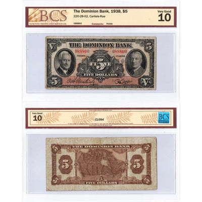 $5 1938 The Dominion Bank Canada Chartered Note #220-28-02 - BCS VG-10
