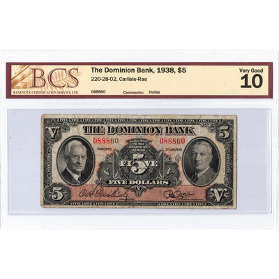 $5 1938 The Dominion Bank Canada Chartered Note #220-28-02 - BCS VG-10