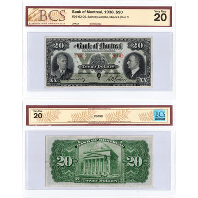 SOLD $10 1938 Bank of Montreal Canada Chartered Note #505-62-06 RADAR - PMG VF-20