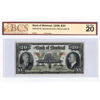 SOLD $10 1938 Bank of Montreal Canada Chartered Note #505-62-06 RADAR - PMG VF-20