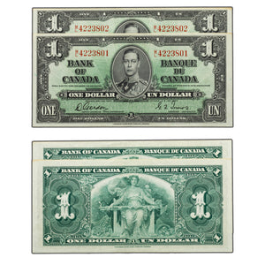 SOLD $1 1937 Bank of Canada Notes M/L Prefix BC-21c - 2 Consecutive - AU